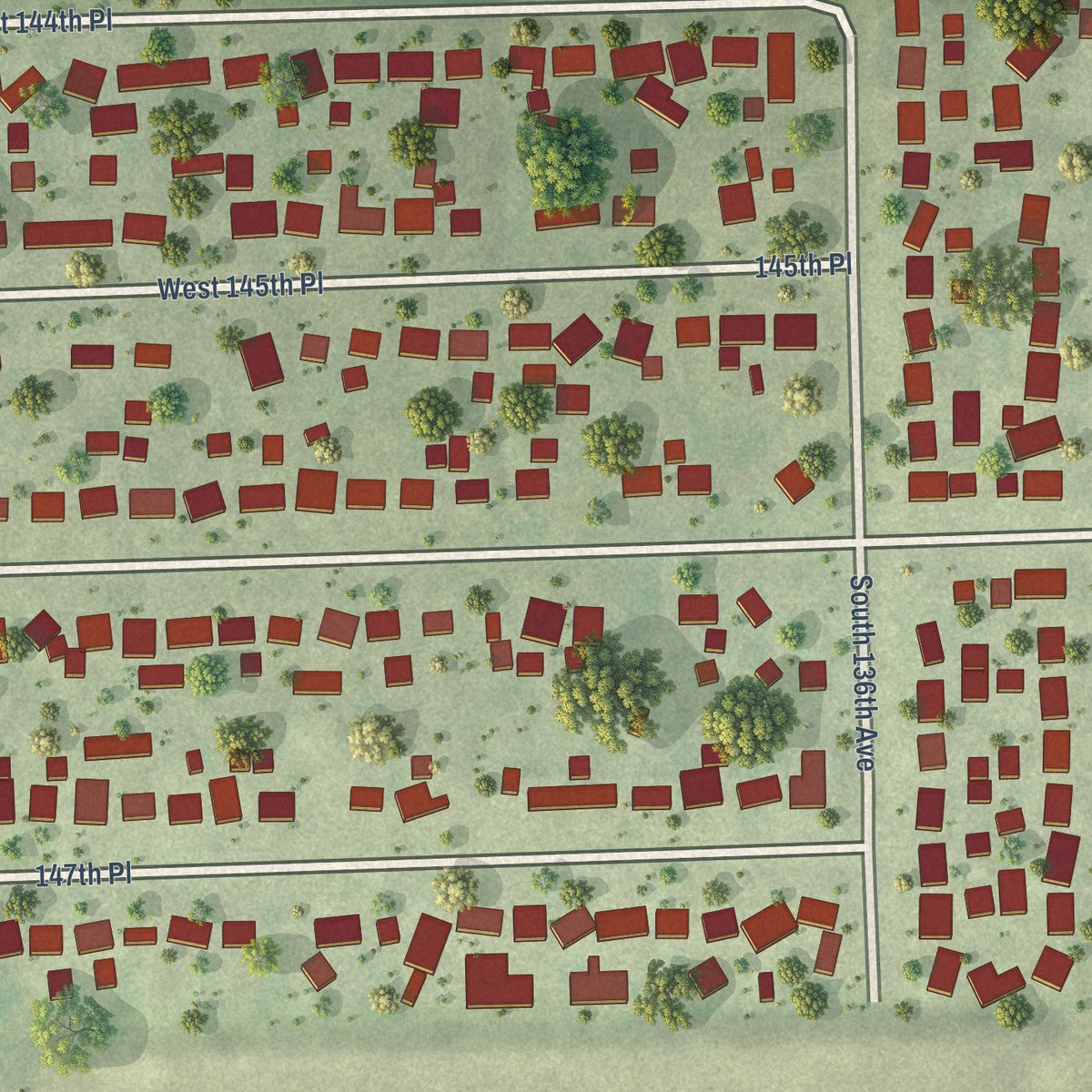 Close-up of the map of Lockport Heights, Illinois print showing street and building detail
