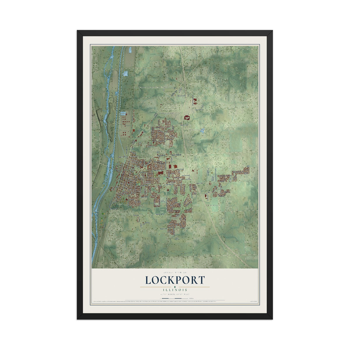 Map of Lockport, Illinois, 12 x 18 inch print in a black wood frame