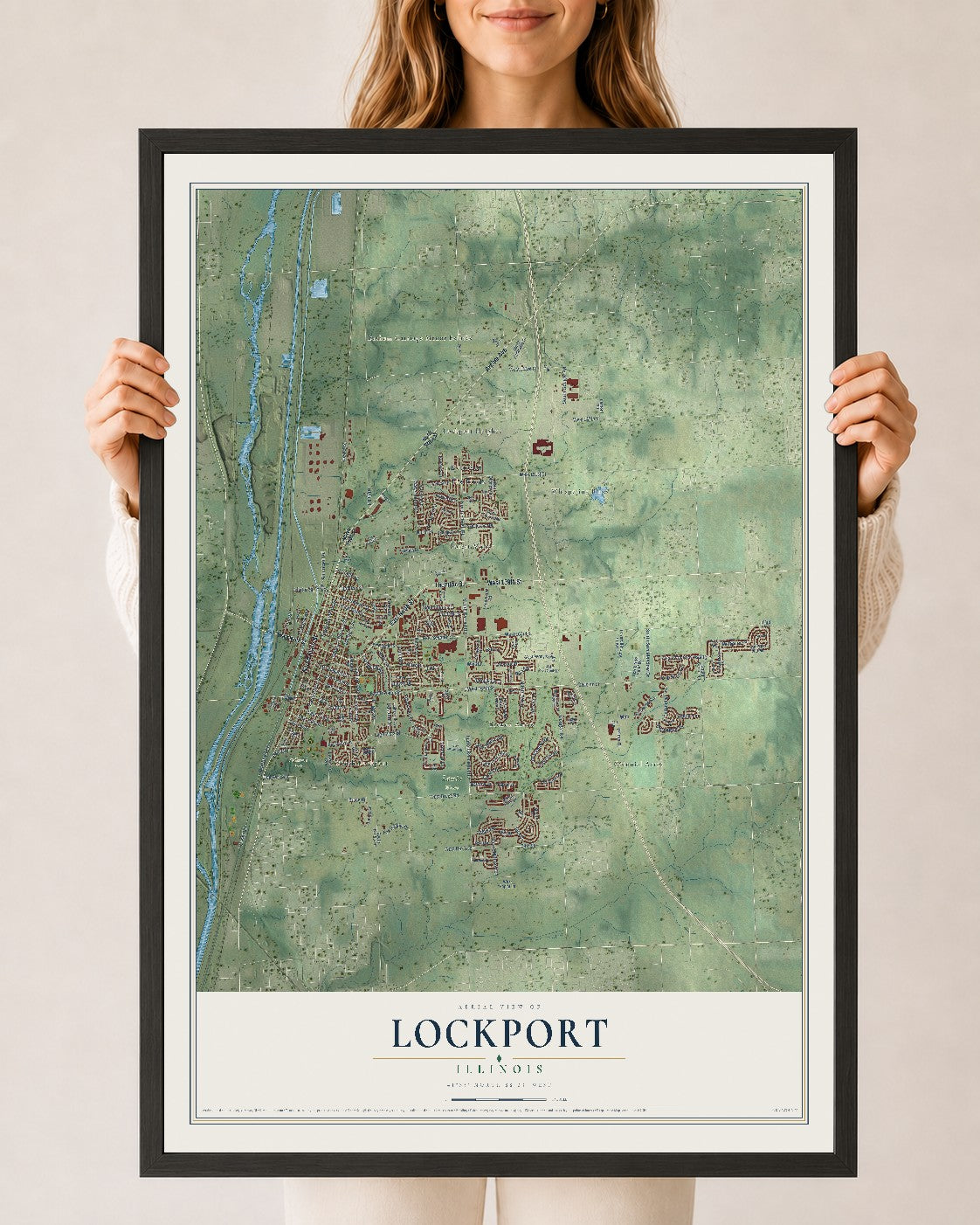 Map of Lockport, Illinois, 24 x 36 inch print in a black wood frame