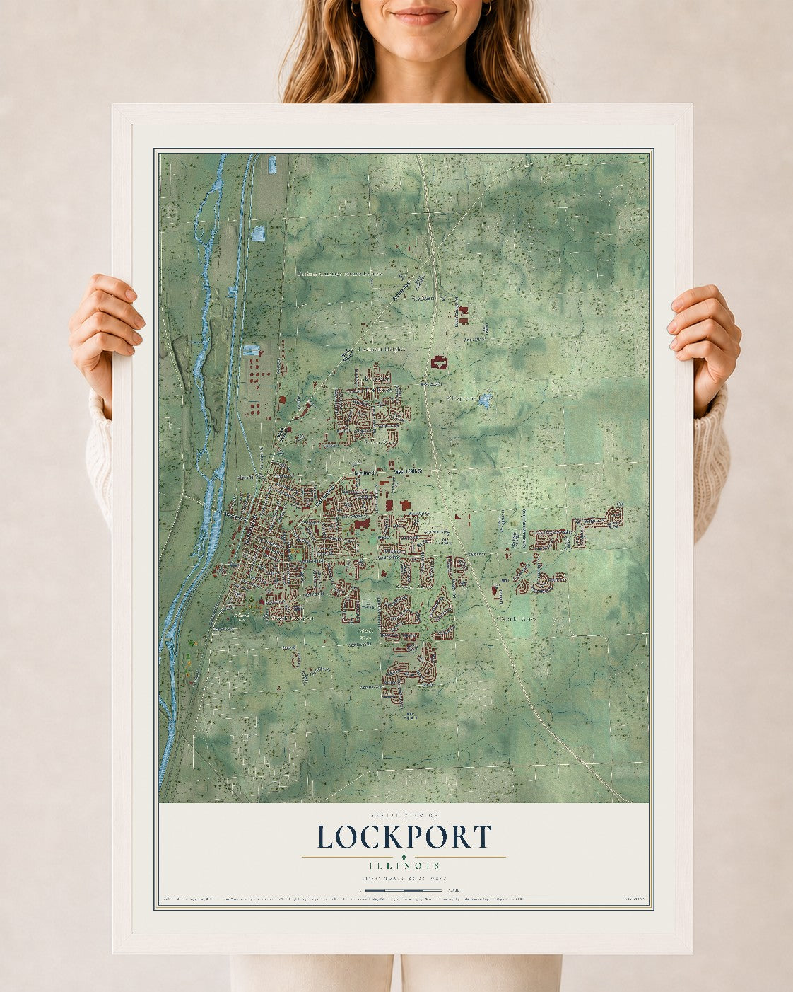 Map of Lockport, Illinois, 24 x 36 inch print in a white wood frame