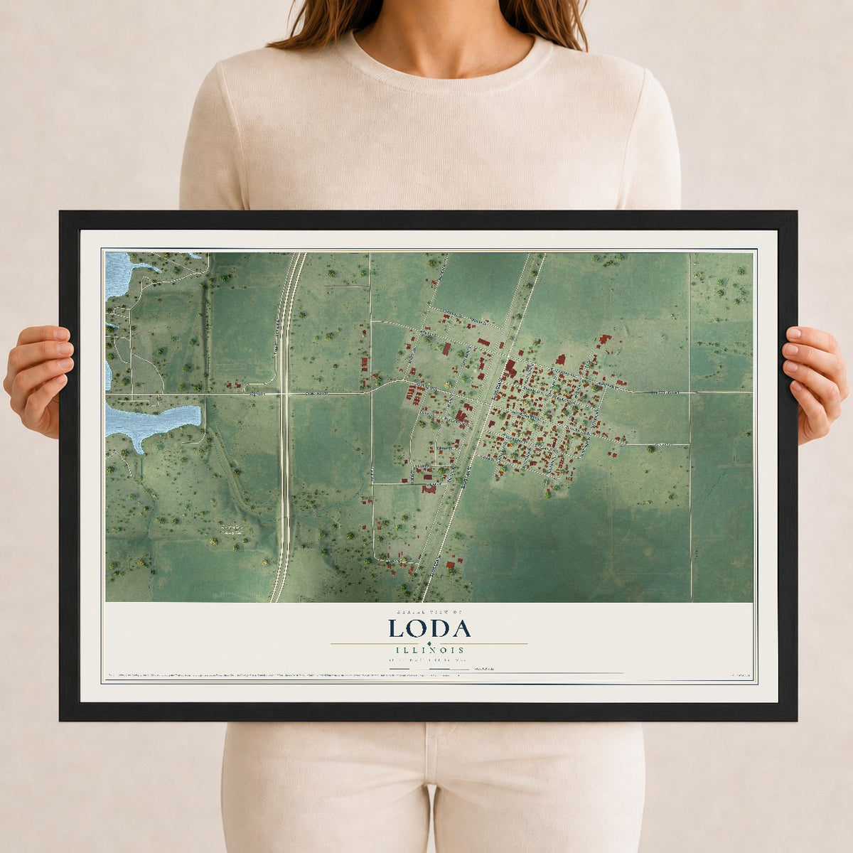 Map of Loda, Illinois, 12 x 18 inch print in a black wood frame