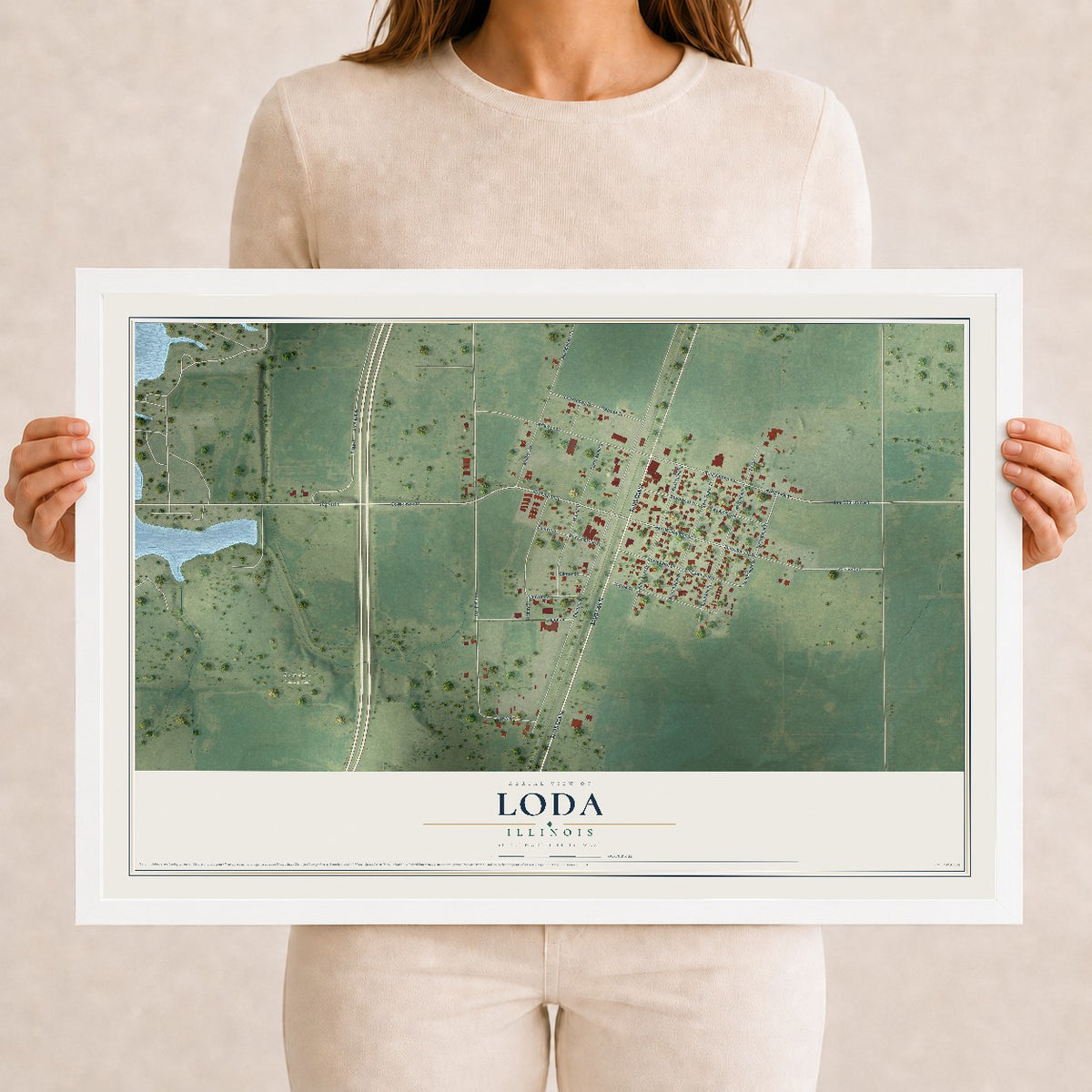 Map of Loda, Illinois, 12 x 18 inch print in a white wood frame
