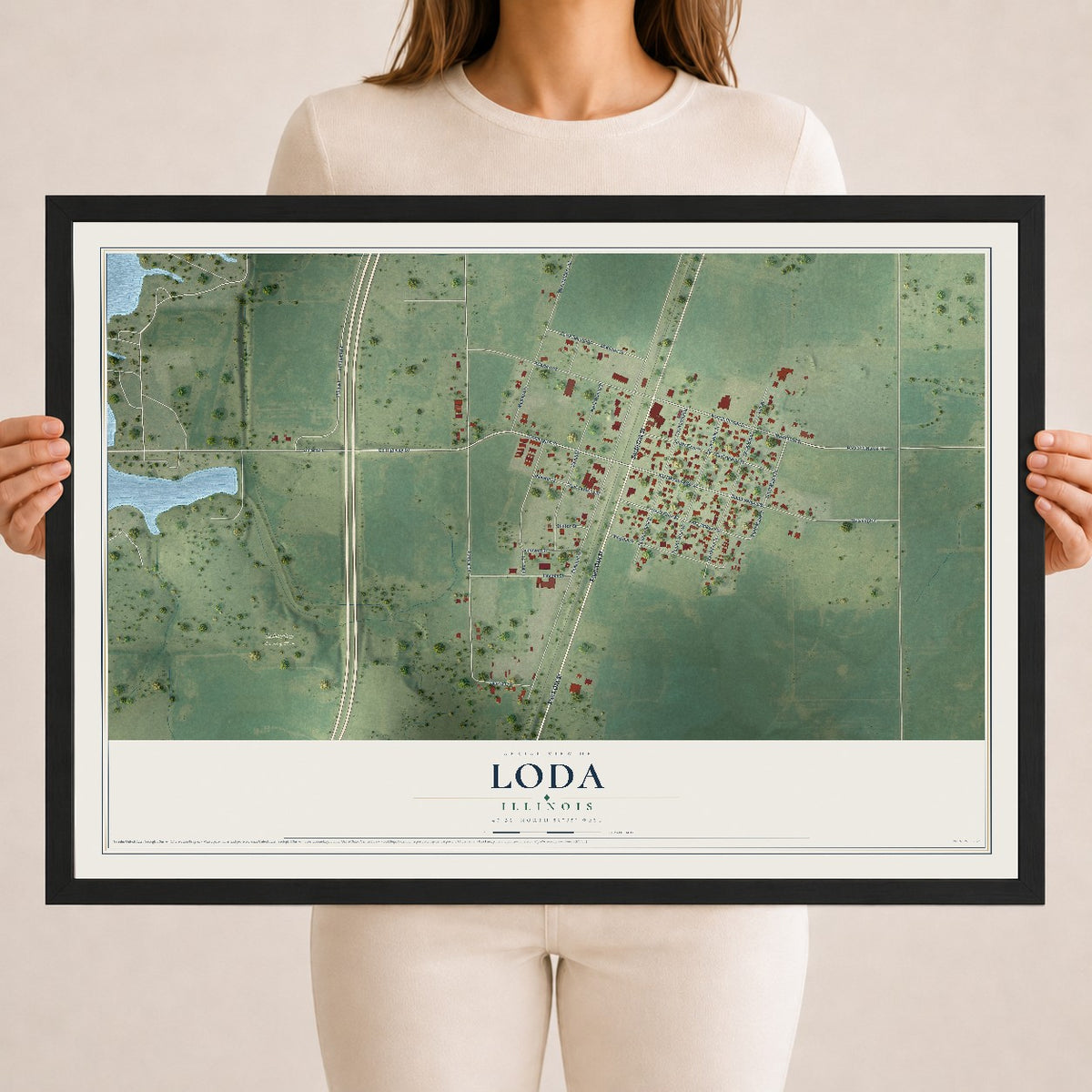 Map of Loda, Illinois, 18 x 24 inch print in a black wood frame