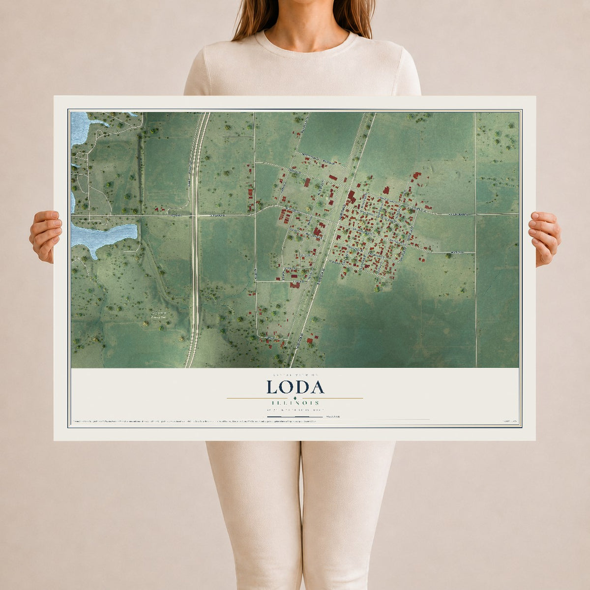 Map of Loda, Illinois, 24 x 36 inch unframed archival matte print