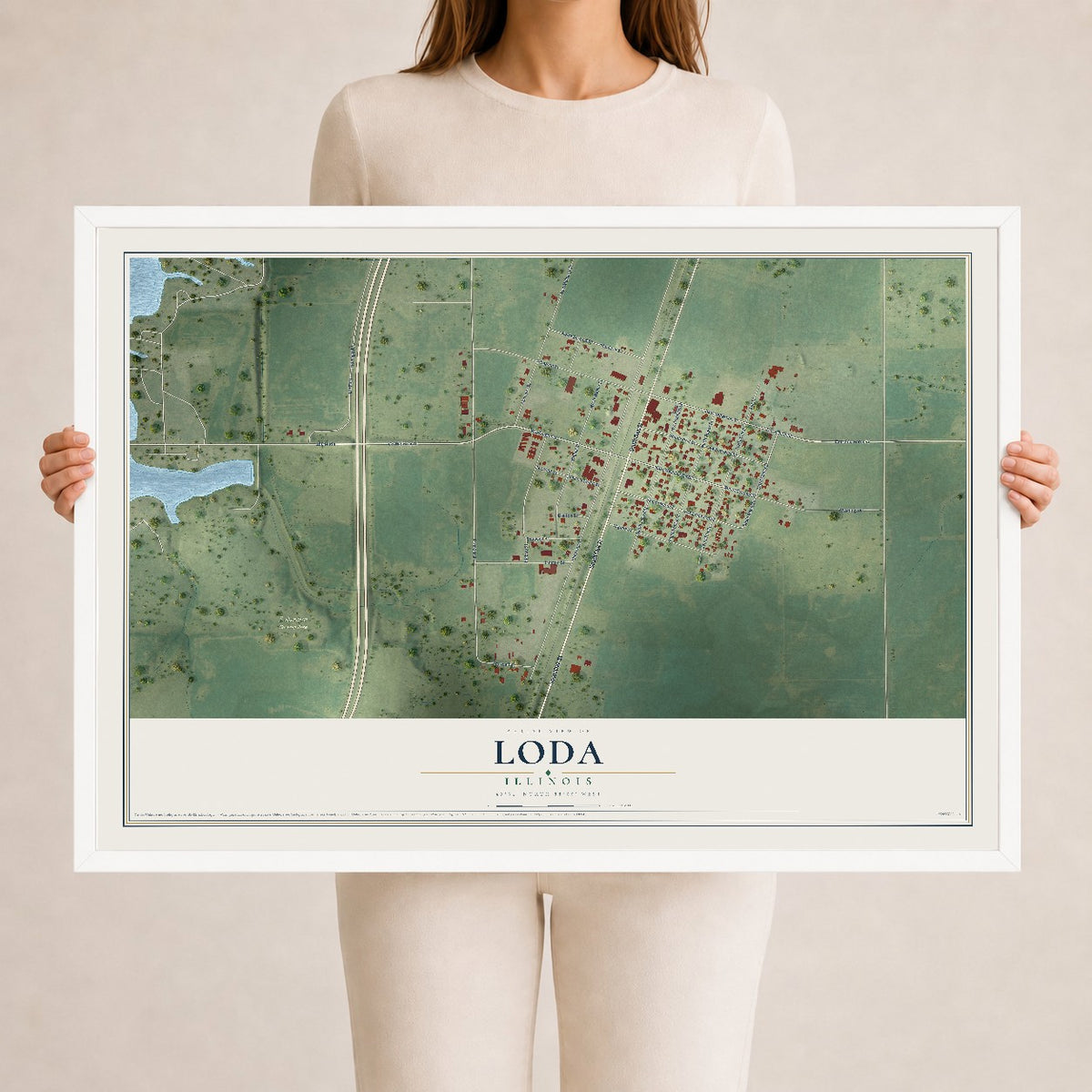 Map of Loda, Illinois, 24 x 36 inch print in a white wood frame
