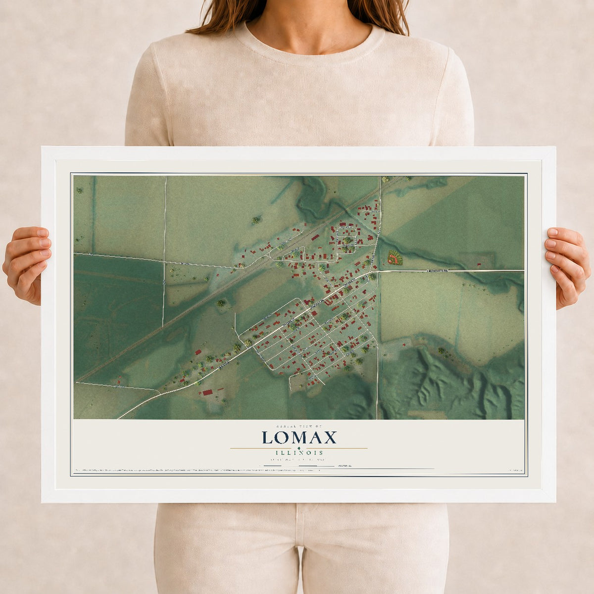 Map of Lomax, Illinois, 12 x 18 inch print in a white wood frame