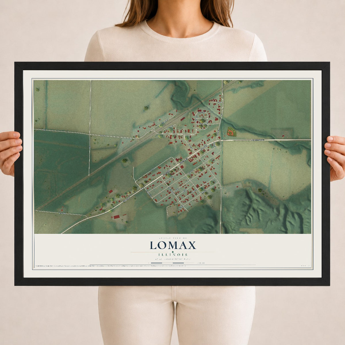 Map of Lomax, Illinois, 18 x 24 inch print in a black wood frame