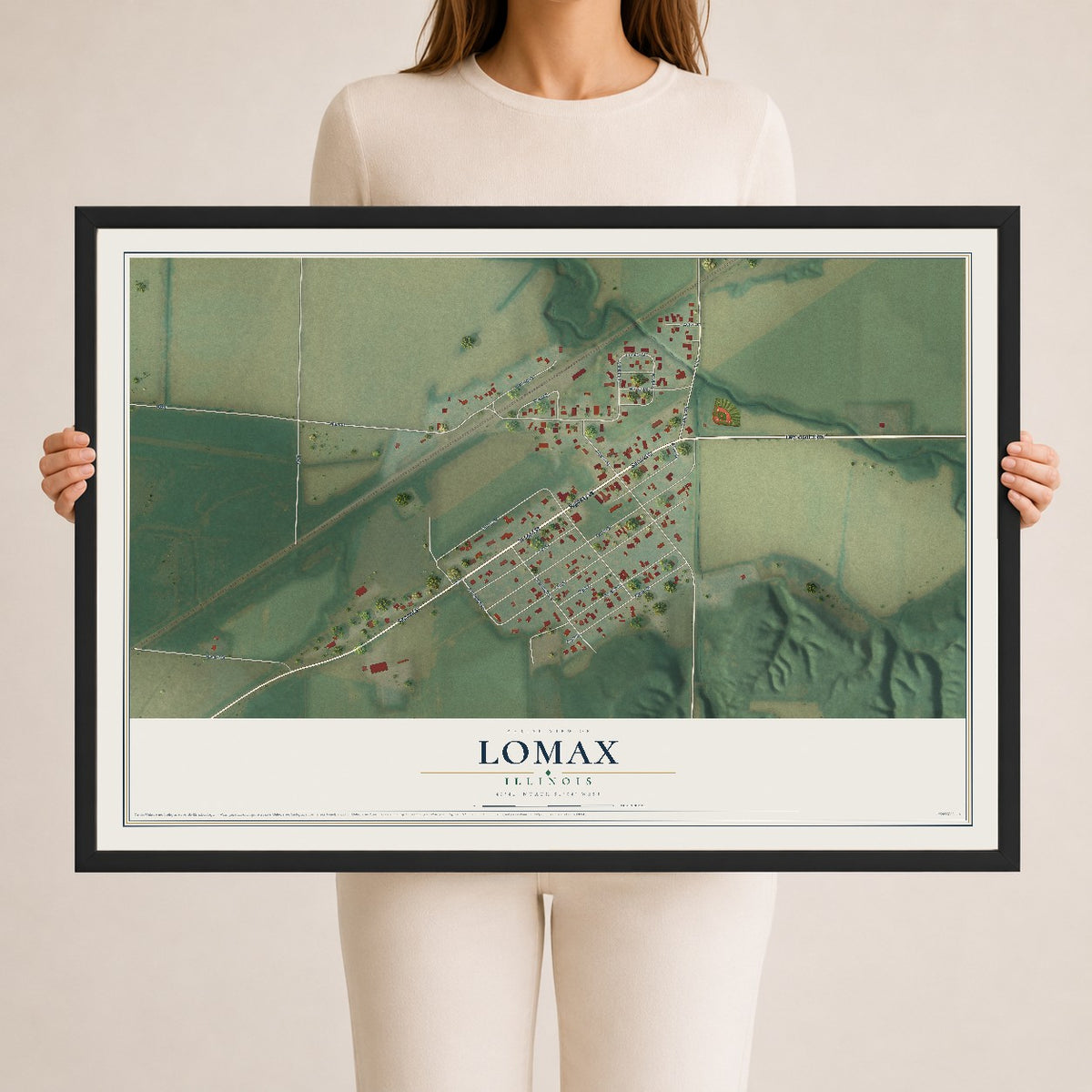 Map of Lomax, Illinois, 24 x 36 inch print in a black wood frame