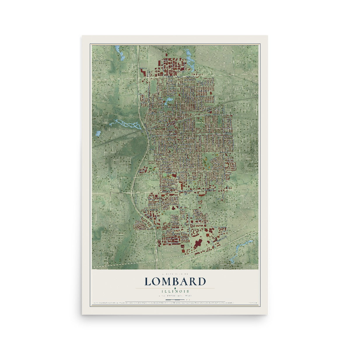Map of Lombard, Illinois, 12 x 18 inch unframed archival matte print