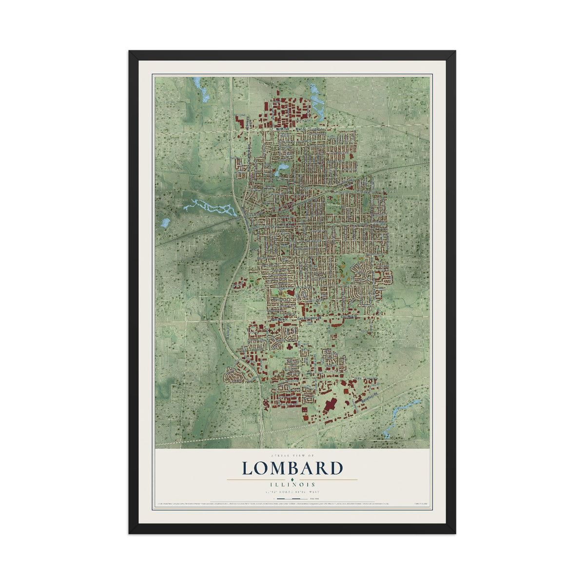 Map of Lombard, Illinois, 12 x 18 inch print in a black wood frame
