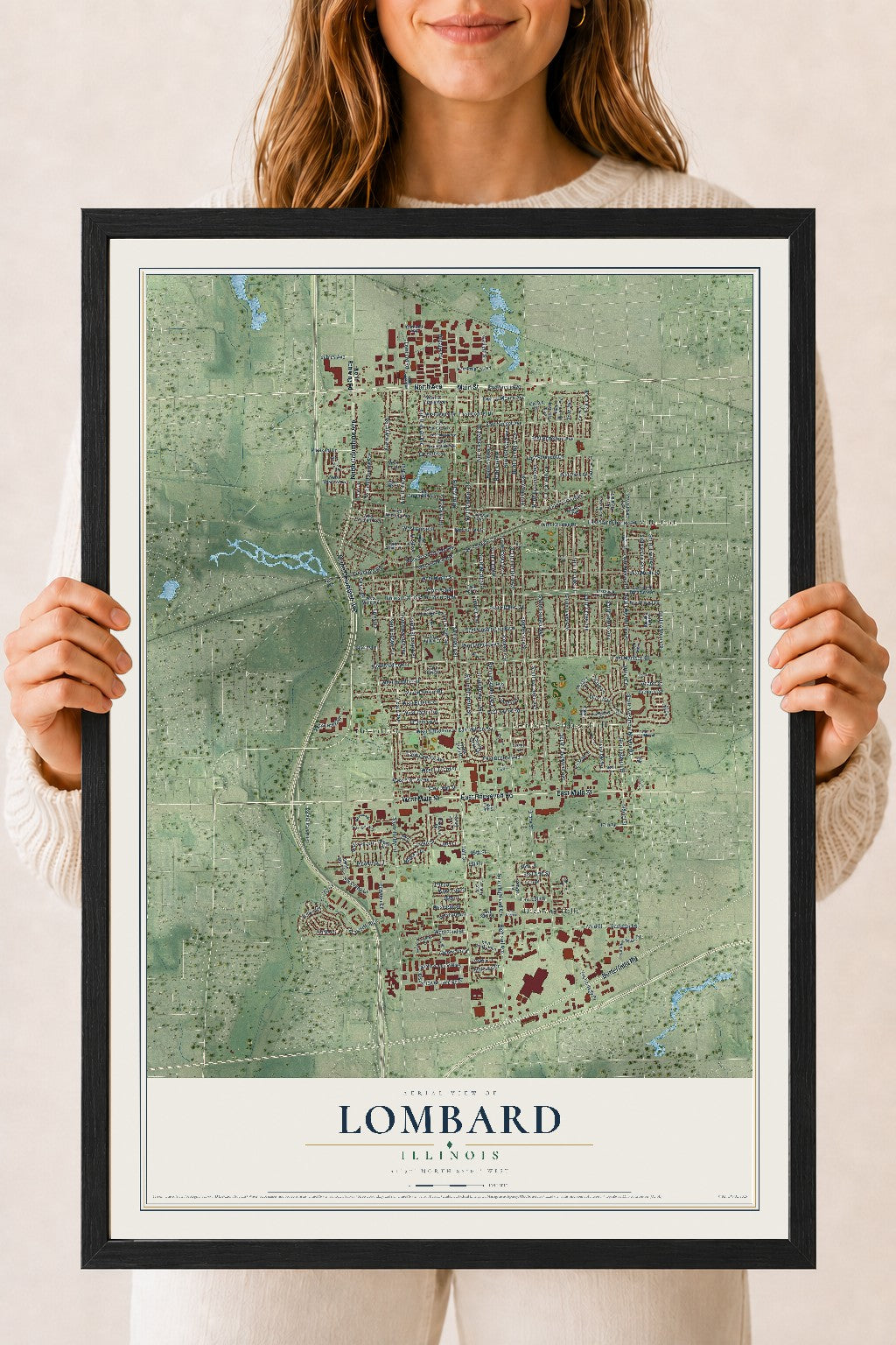 Map of Lombard, Illinois, 18 x 24 inch print in a black wood frame
