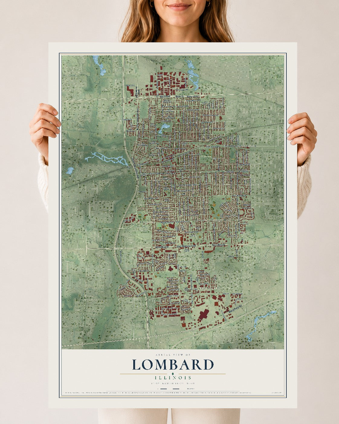 Map of Lombard, Illinois, 24 x 36 inch unframed archival matte print
