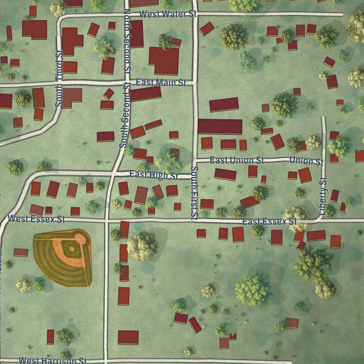Close-up of the map of London Mills, Illinois print showing street and building detail