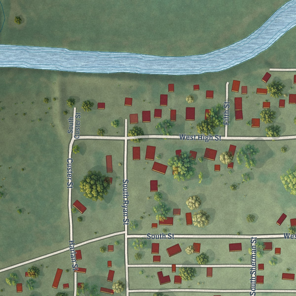 Second close-up of the map of London Mills, Illinois print showing more streets and buildings