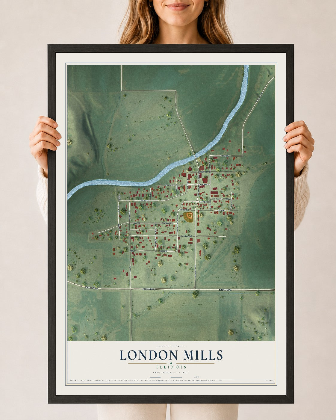 Map of London Mills, Illinois, 24 x 36 inch print in a black wood frame