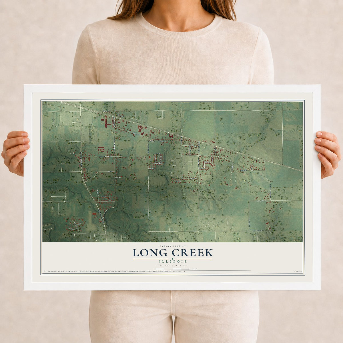 Map of Long Creek, Illinois, 12 x 18 inch print in a white wood frame