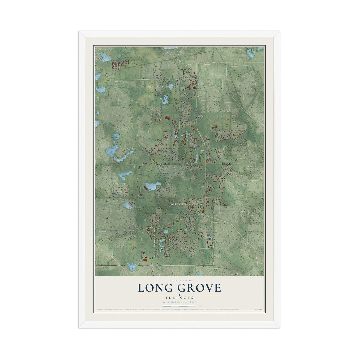 Map of Long Grove, Illinois, 12 x 18 inch print in a white wood frame