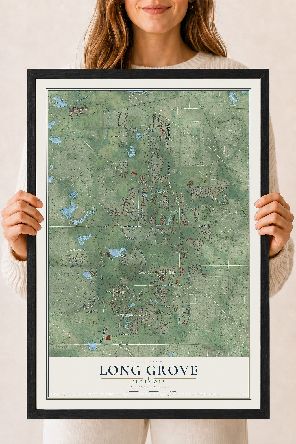 Map of Long Grove, Illinois, 18 x 24 inch print in a black wood frame