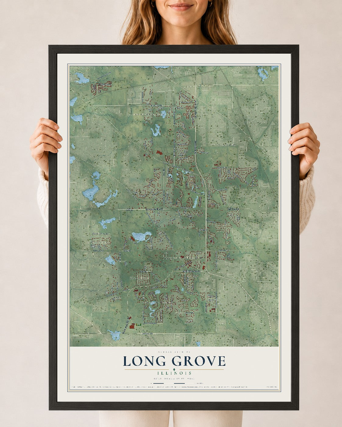 Map of Long Grove, Illinois, 24 x 36 inch print in a black wood frame