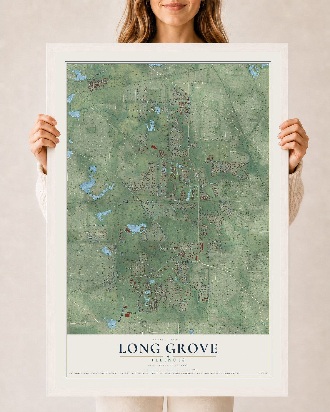 Map of Long Grove, Illinois, 24 x 36 inch print in a white wood frame