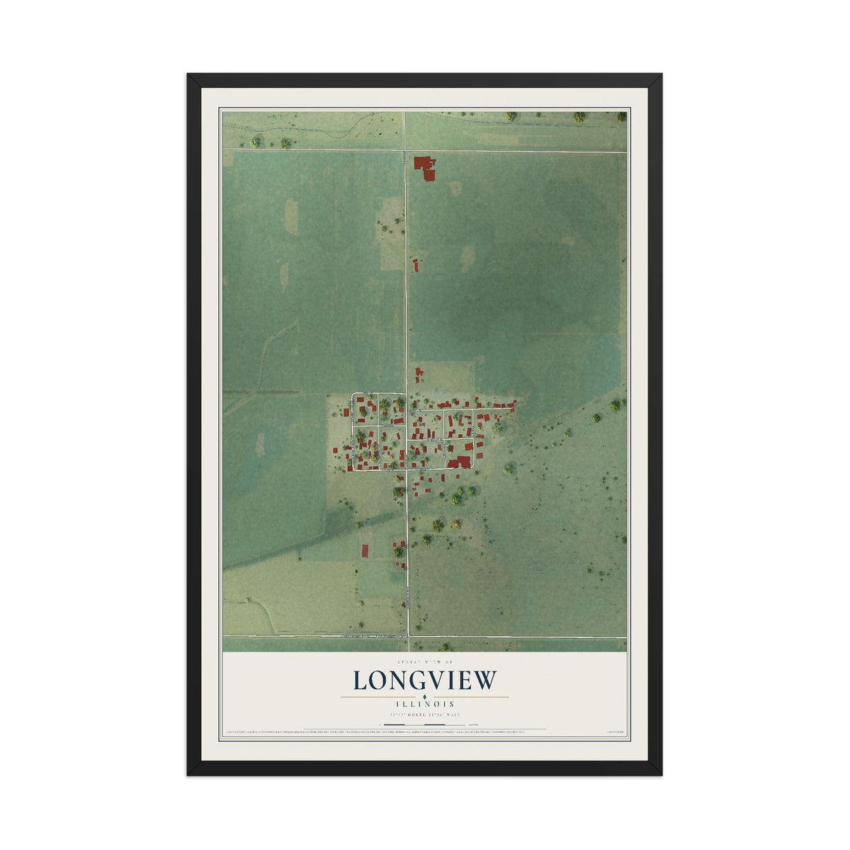 Map of Longview, Illinois, 12 x 18 inch print in a black wood frame