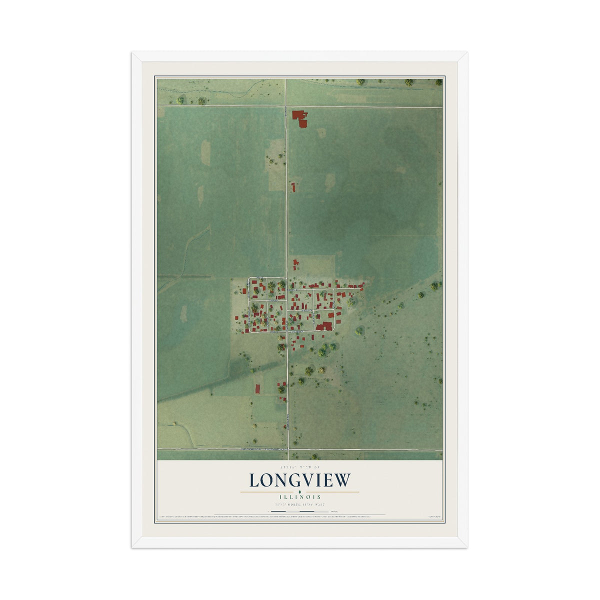 Map of Longview, Illinois, 12 x 18 inch print in a white wood frame