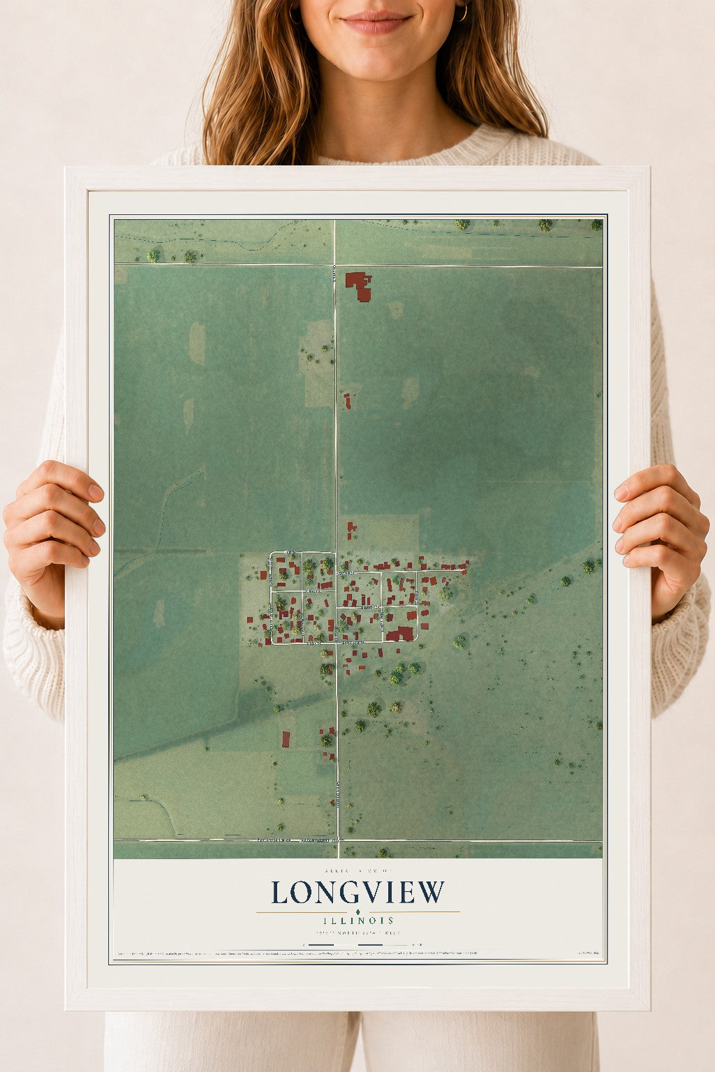 Map of Longview, Illinois, 18 x 24 inch print in a white wood frame