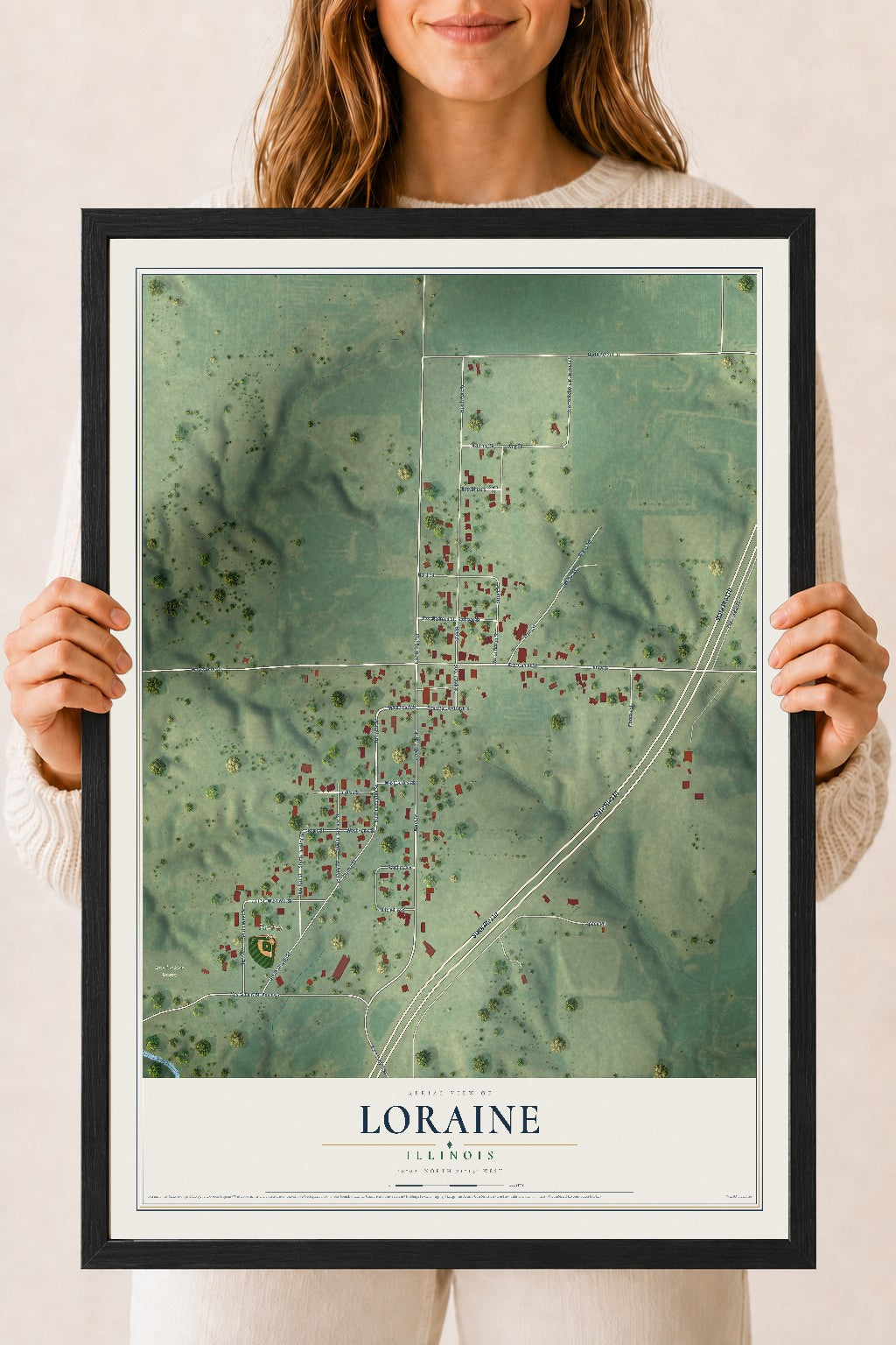 Map of Loraine, Illinois, 18 x 24 inch print in a black wood frame