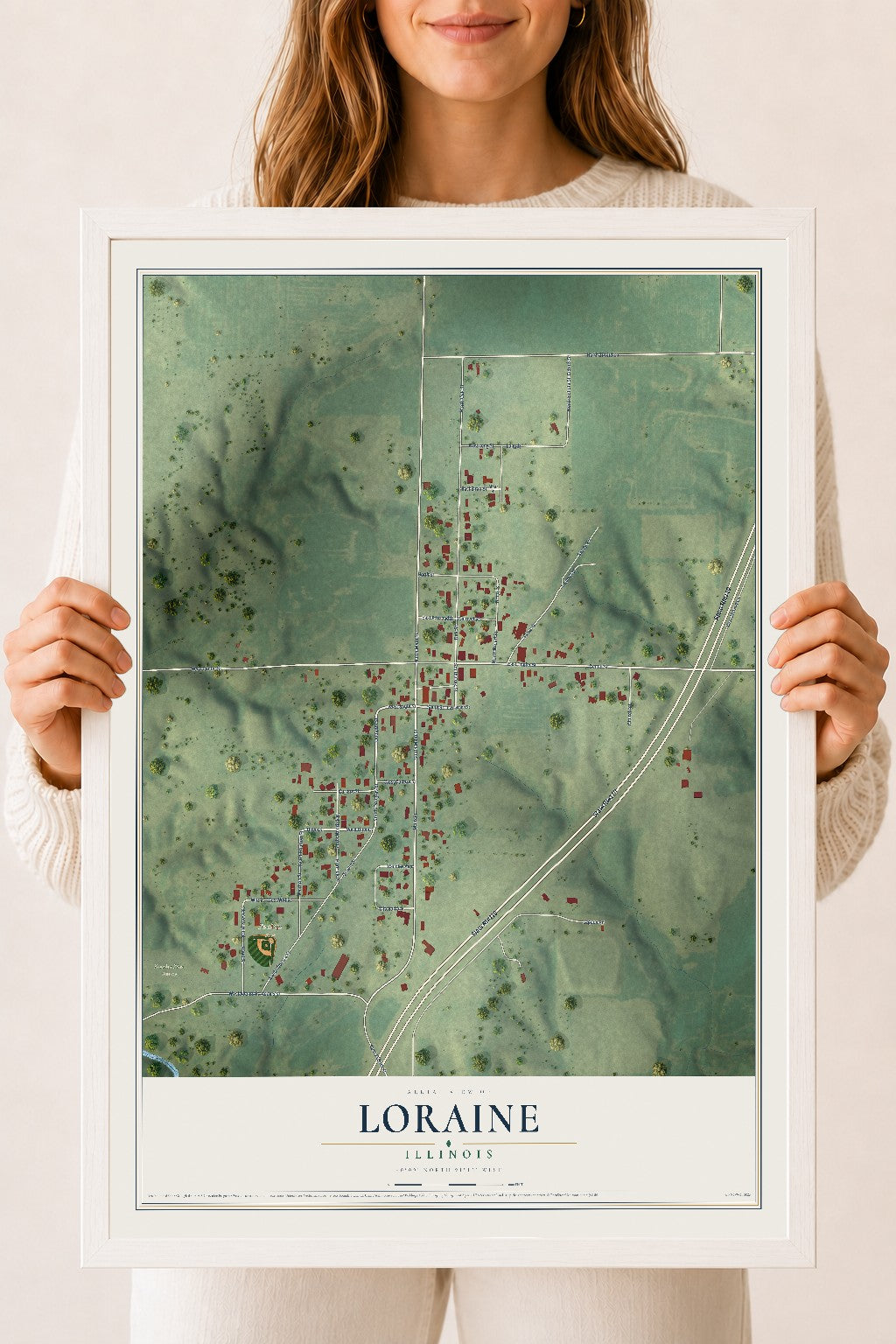 Map of Loraine, Illinois, 18 x 24 inch print in a white wood frame