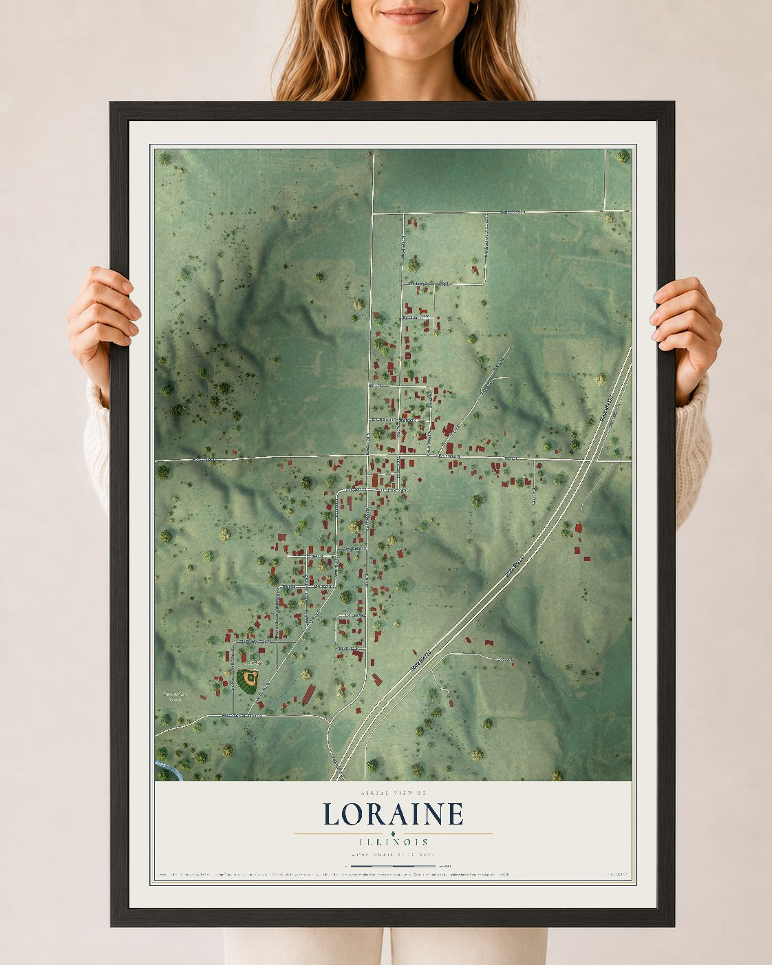 Map of Loraine, Illinois, 24 x 36 inch print in a black wood frame