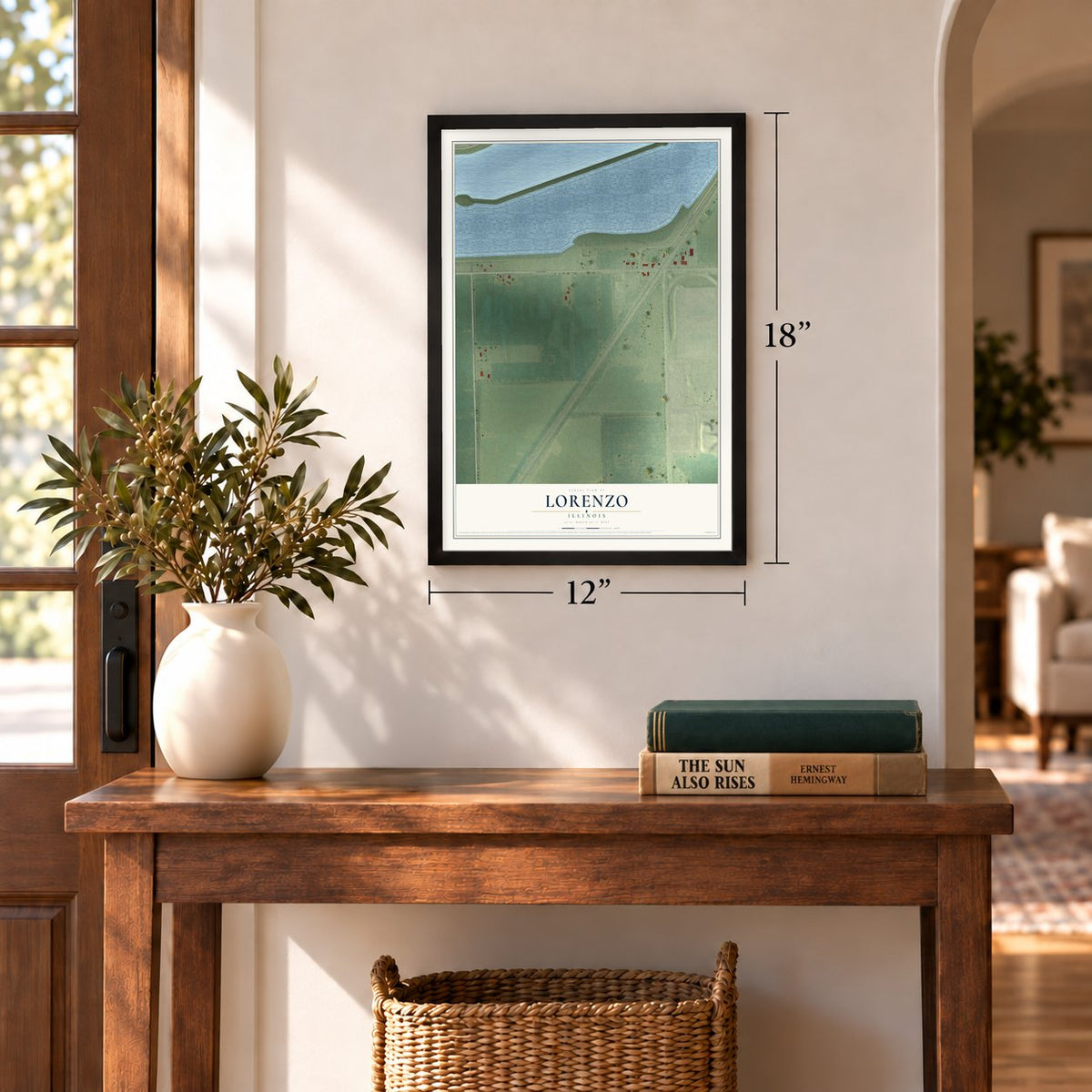 Lorenzo, Illinois map, 12 x 18 inch print in a black frame in an entryway
