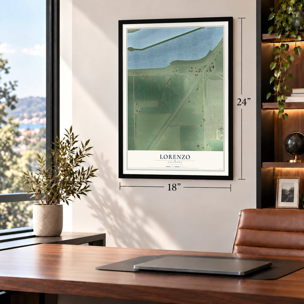 Lorenzo, Illinois map, 18 x 24 inch print in a black frame in a home office