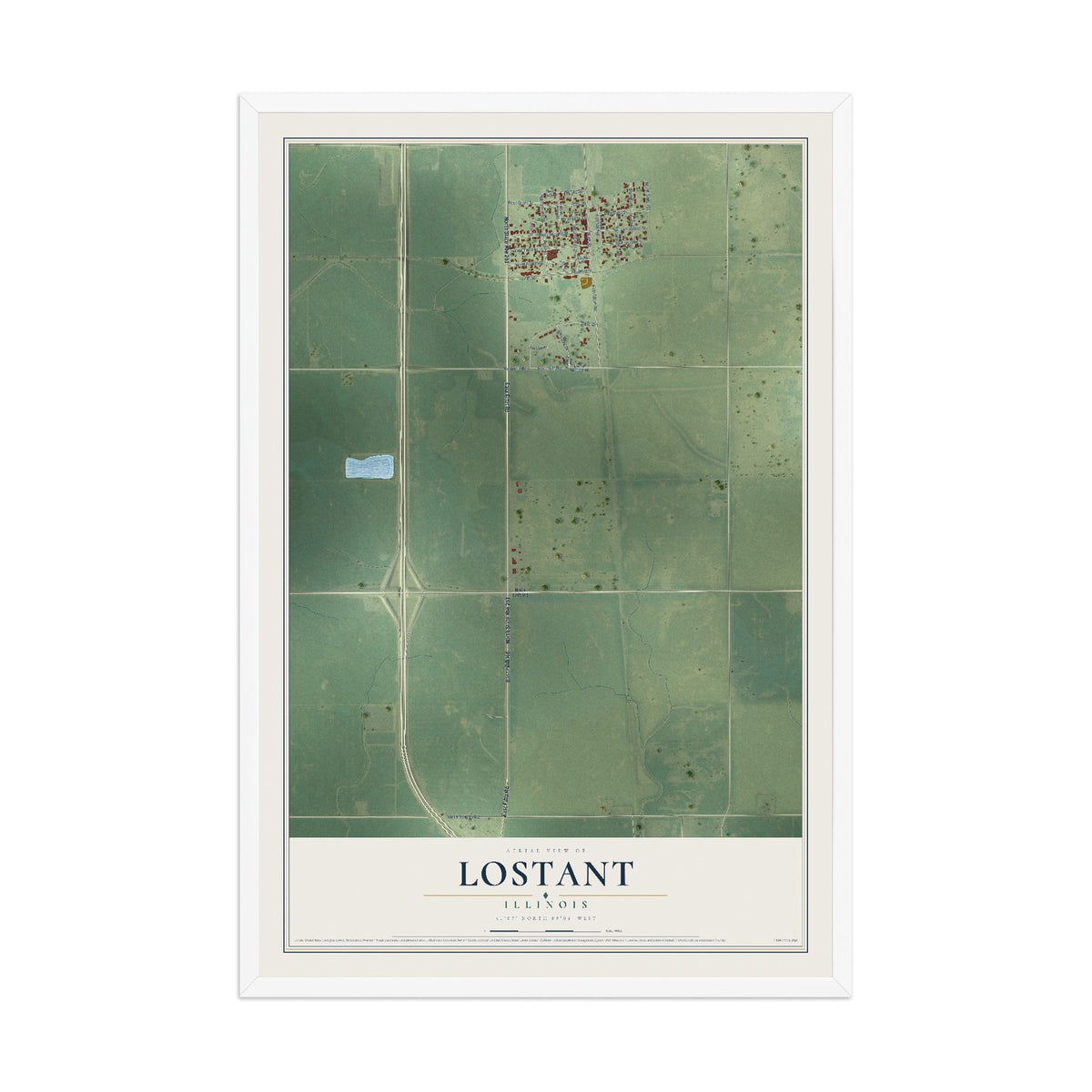 Map of Lostant, Illinois, 12 x 18 inch print in a white wood frame