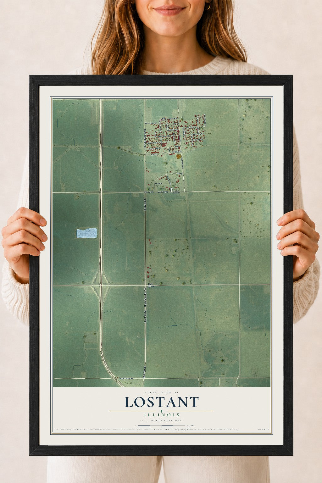 Map of Lostant, Illinois, 18 x 24 inch print in a black wood frame
