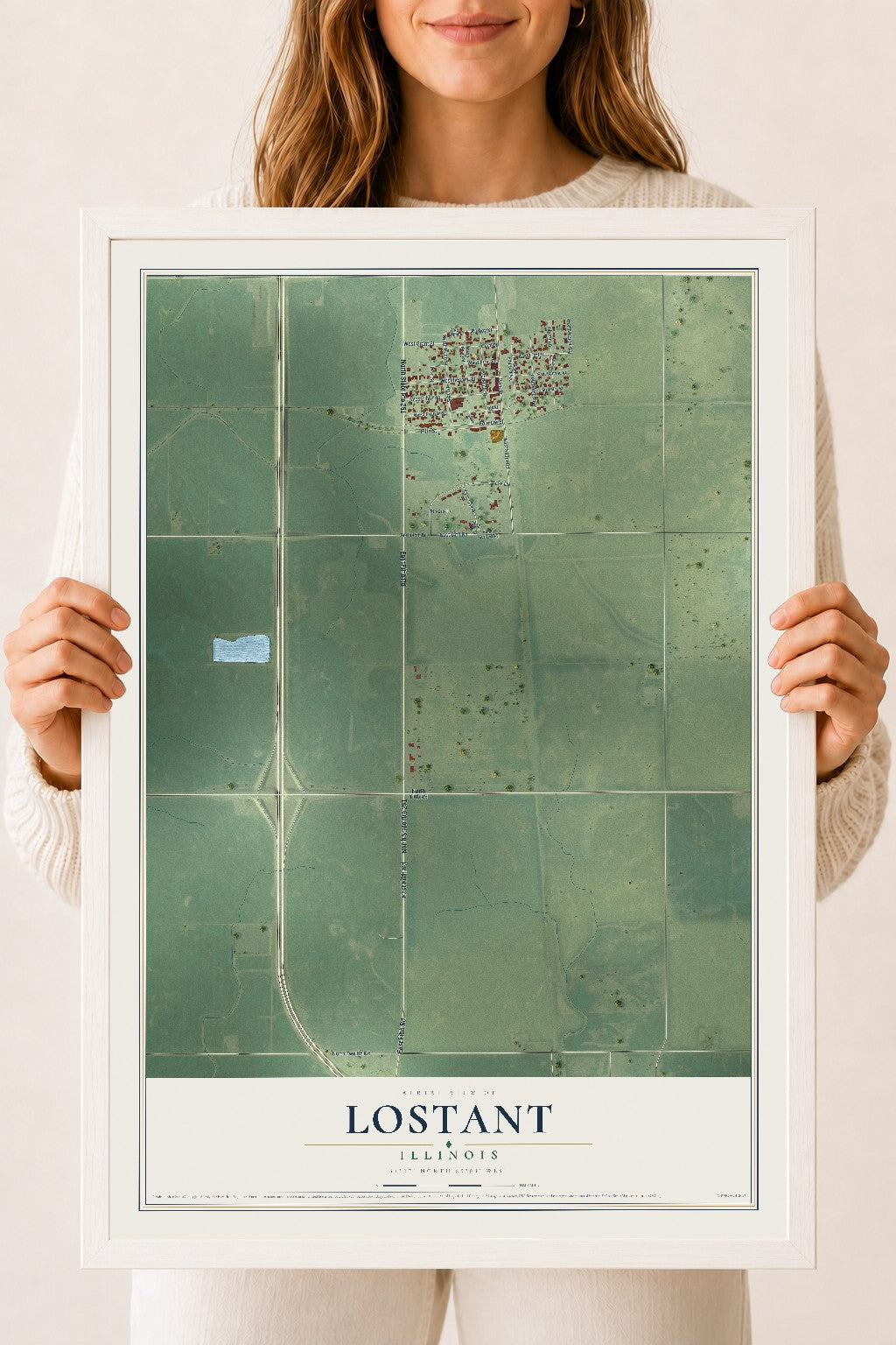 Map of Lostant, Illinois, 18 x 24 inch print in a white wood frame