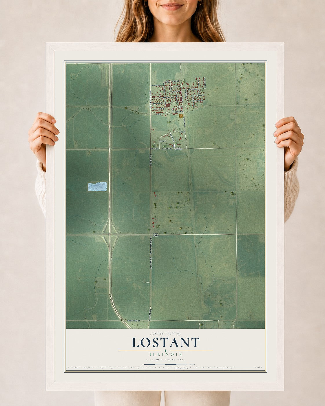Map of Lostant, Illinois, 24 x 36 inch print in a white wood frame