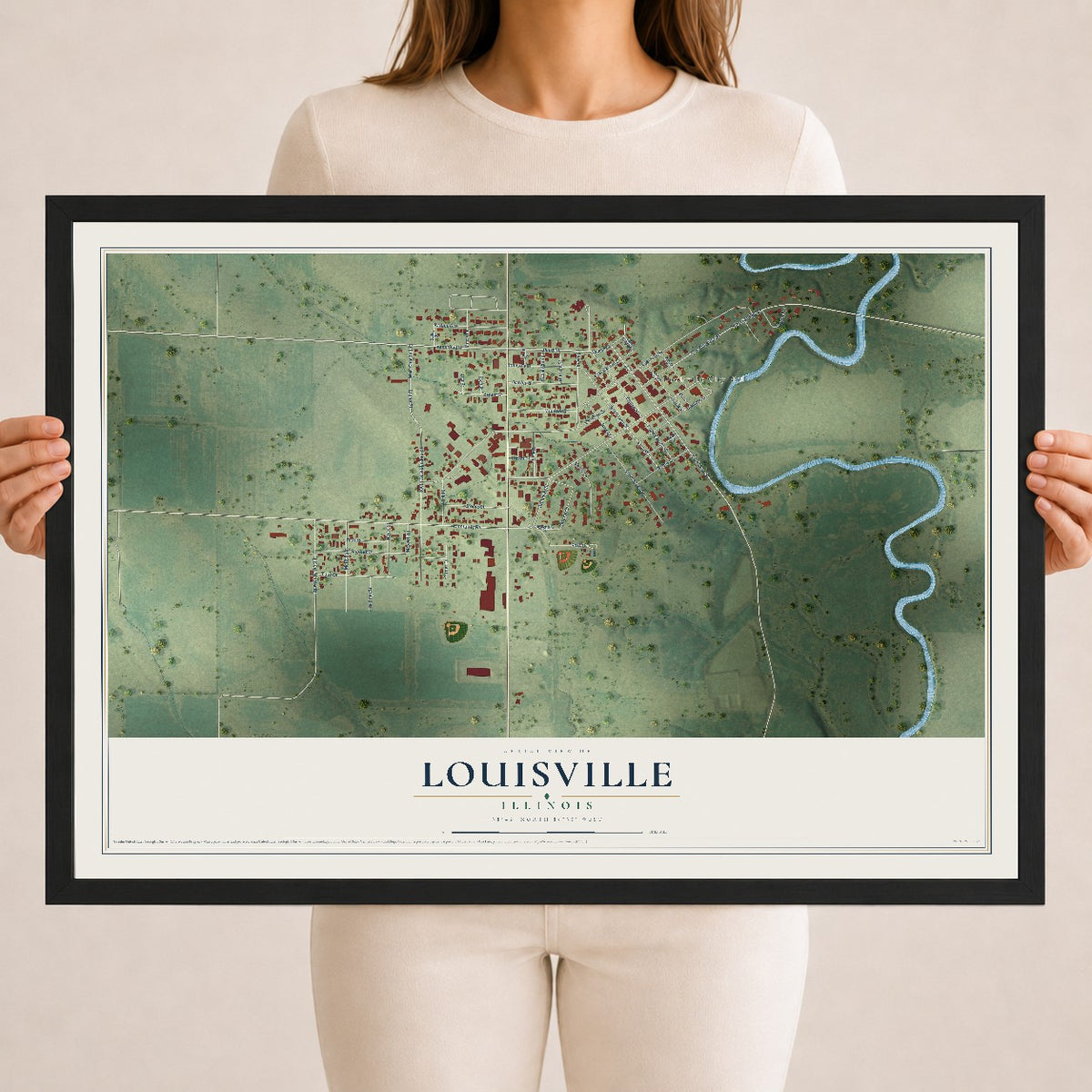 Map of Louisville, Illinois, 18 x 24 inch print in a black wood frame