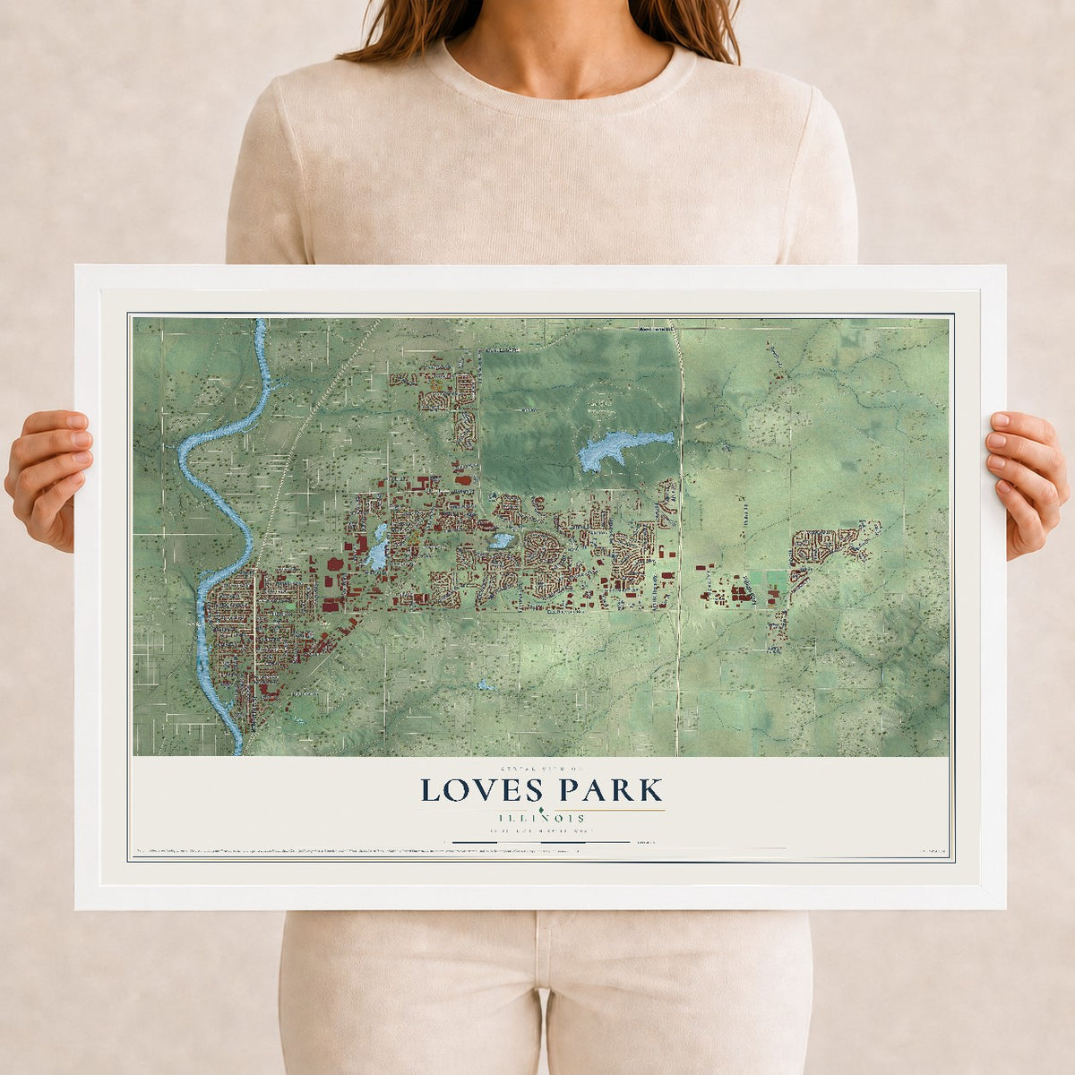 Map of Loves Park, Illinois, 12 x 18 inch print in a white wood frame