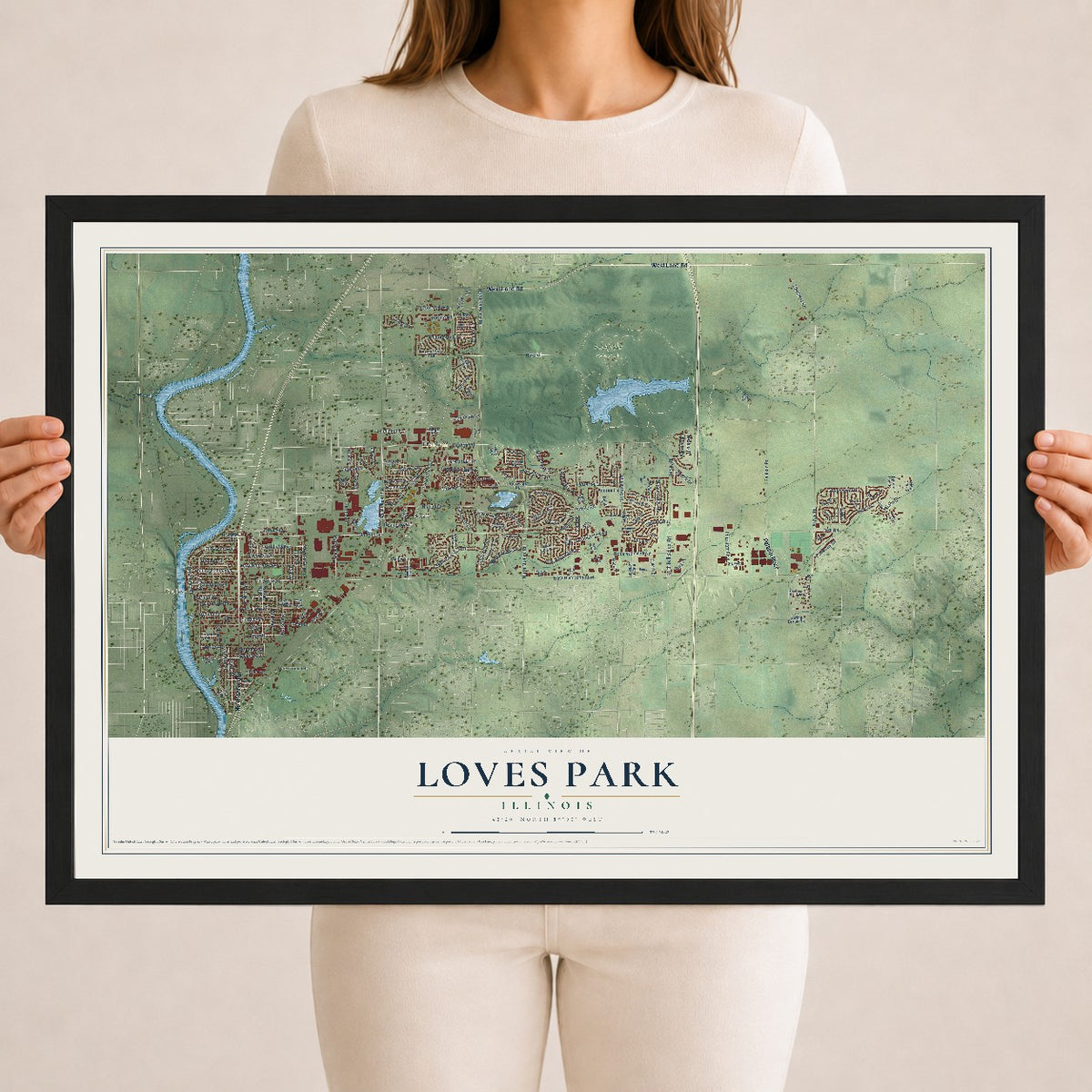 Map of Loves Park, Illinois, 18 x 24 inch print in a black wood frame