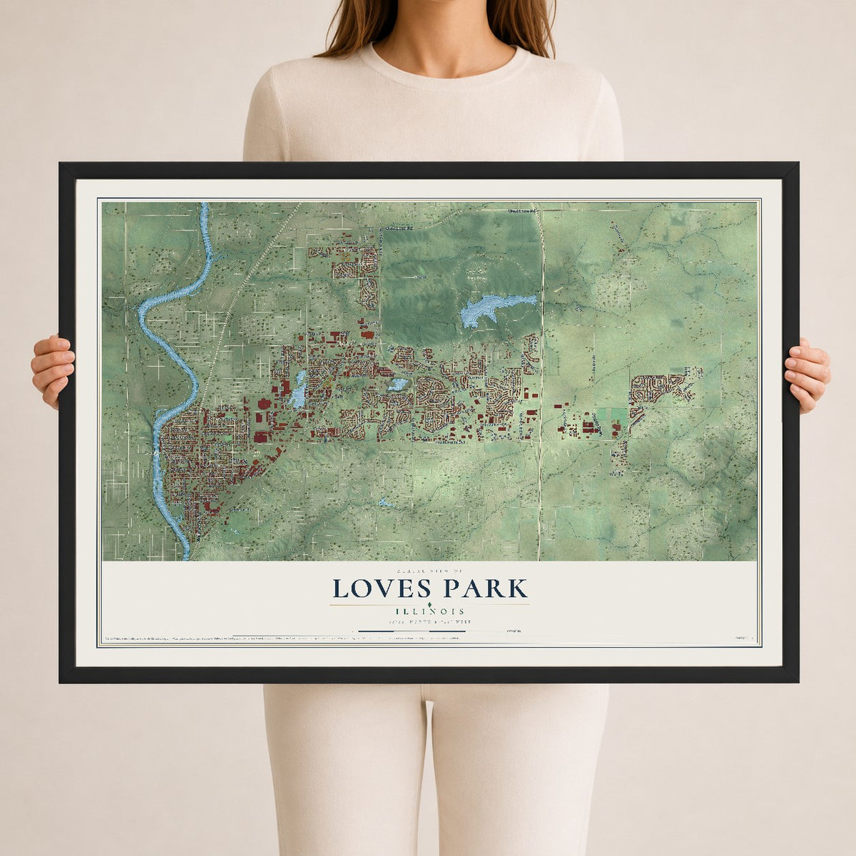 Map of Loves Park, Illinois, 24 x 36 inch print in a black wood frame