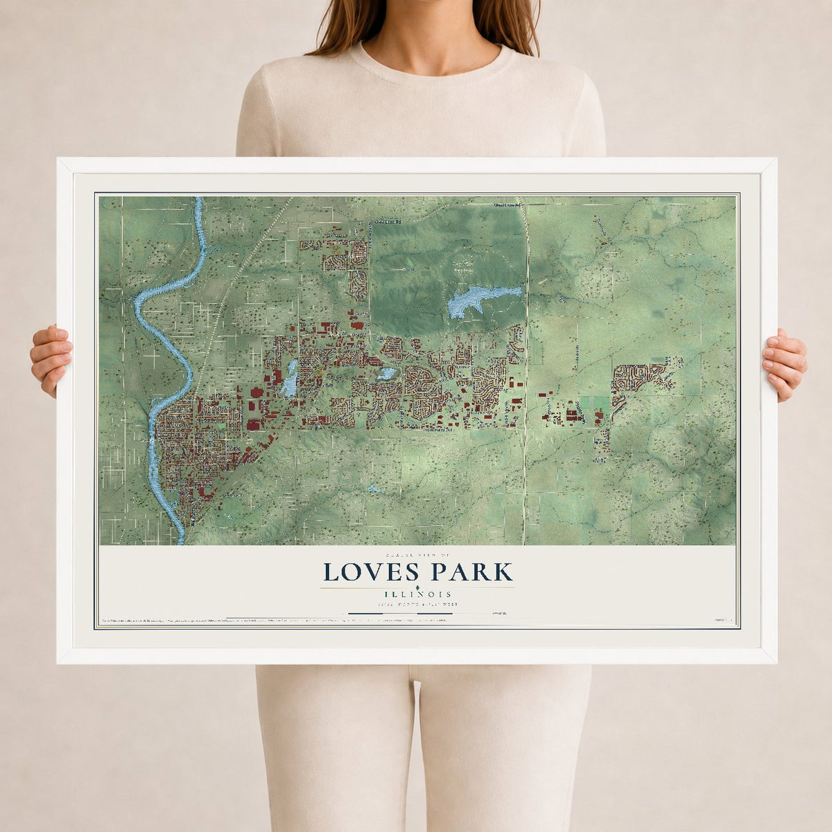 Map of Loves Park, Illinois, 24 x 36 inch print in a white wood frame