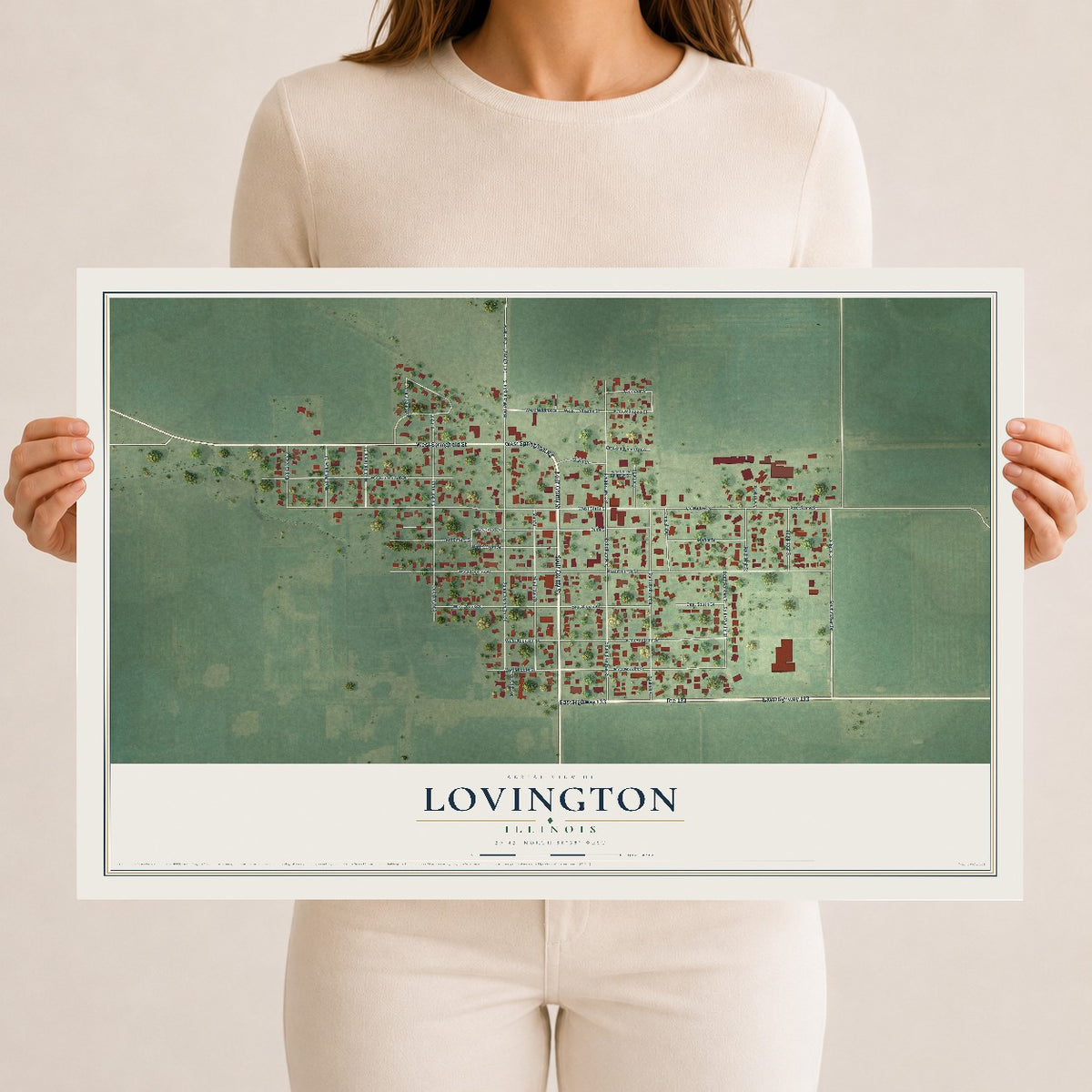 Map of Lovington, Illinois, 12 x 18 inch unframed archival matte print