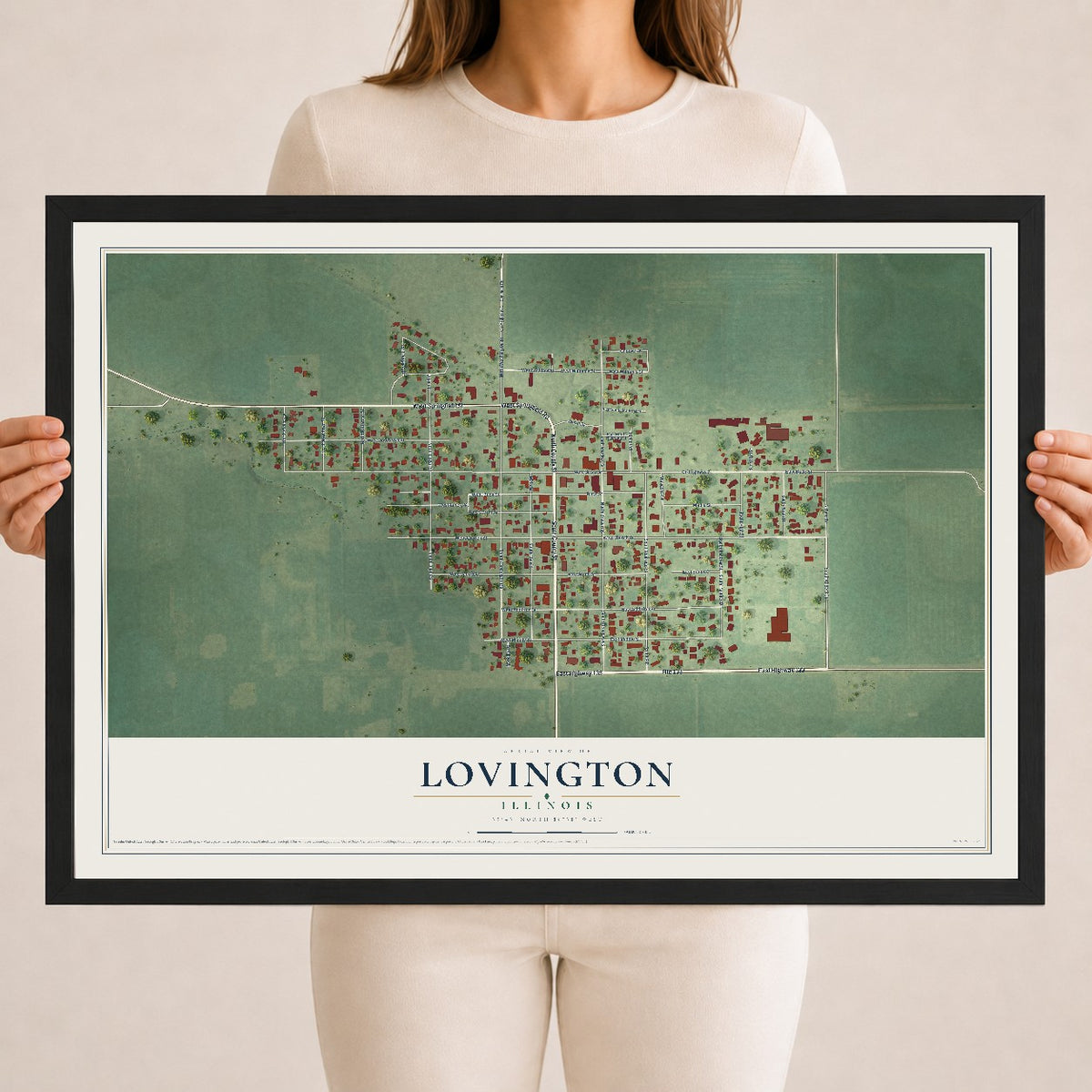 Map of Lovington, Illinois, 18 x 24 inch print in a black wood frame