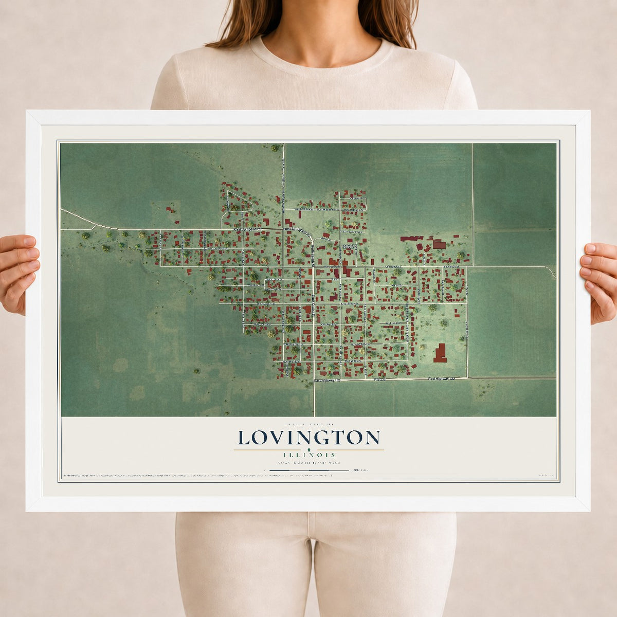 Map of Lovington, Illinois, 18 x 24 inch print in a white wood frame
