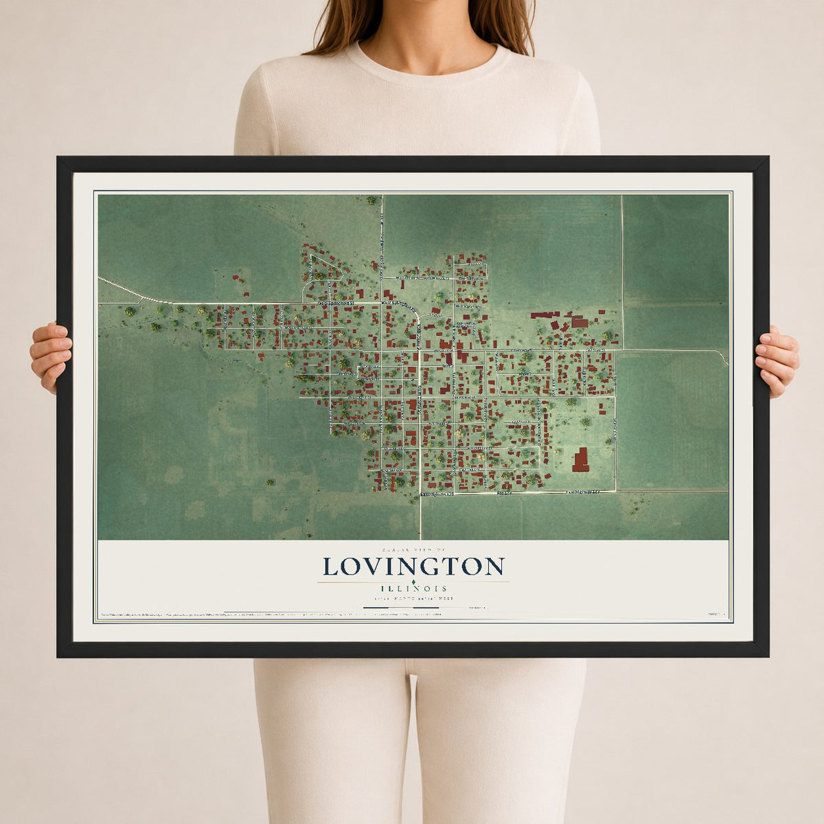 Map of Lovington, Illinois, 24 x 36 inch print in a black wood frame