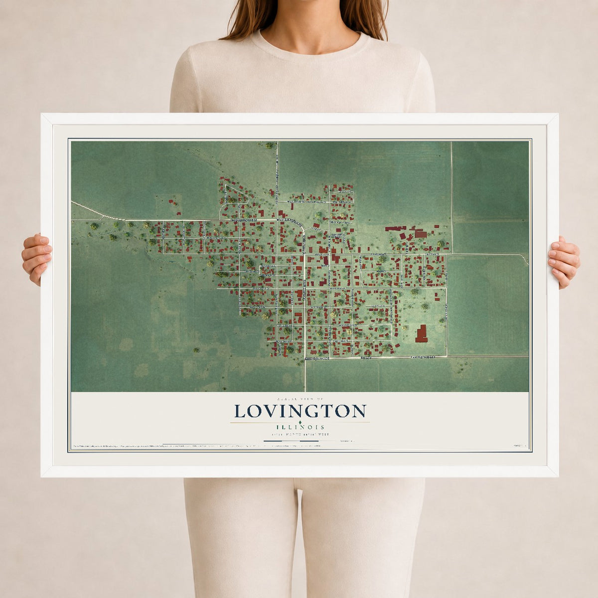 Map of Lovington, Illinois, 24 x 36 inch print in a white wood frame