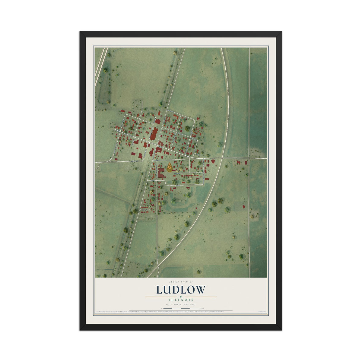 Map of Ludlow, Illinois, 12 x 18 inch print in a black wood frame