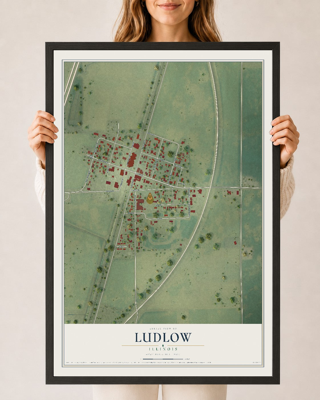 Map of Ludlow, Illinois, 24 x 36 inch print in a black wood frame