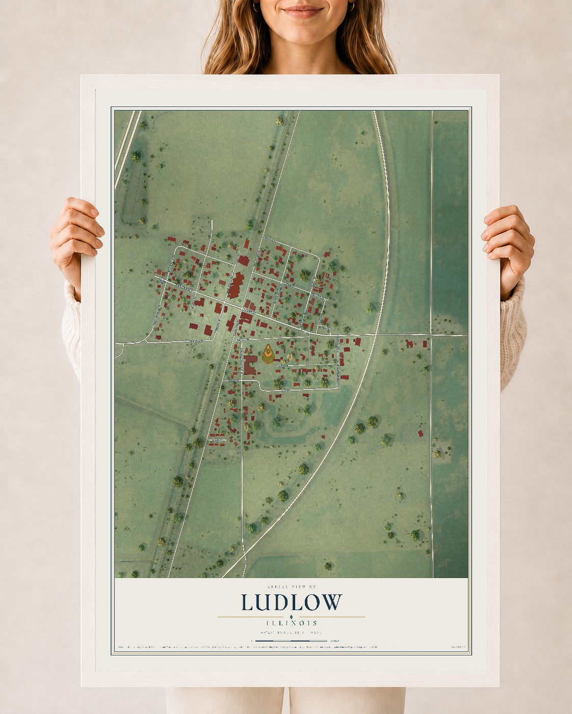 Map of Ludlow, Illinois, 24 x 36 inch print in a white wood frame