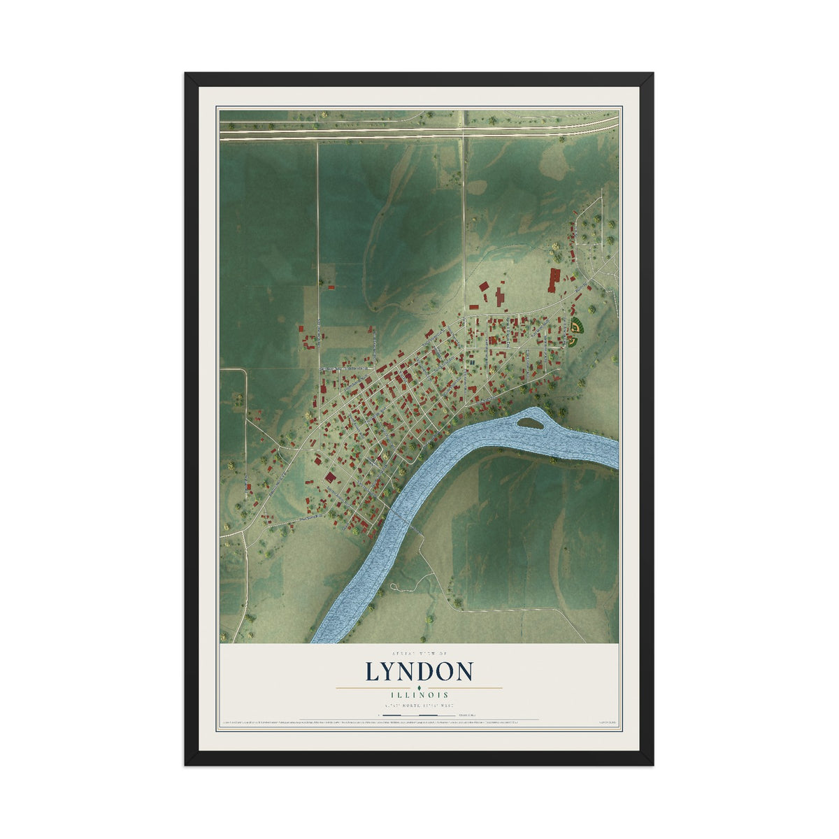 Map of Lyndon, Illinois, 12 x 18 inch print in a black wood frame